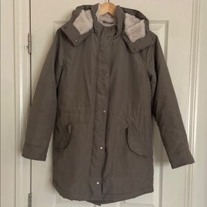 Old Navy Women’s Hooded Parka Coat, lined, zip and snap, green, gray hue,size s